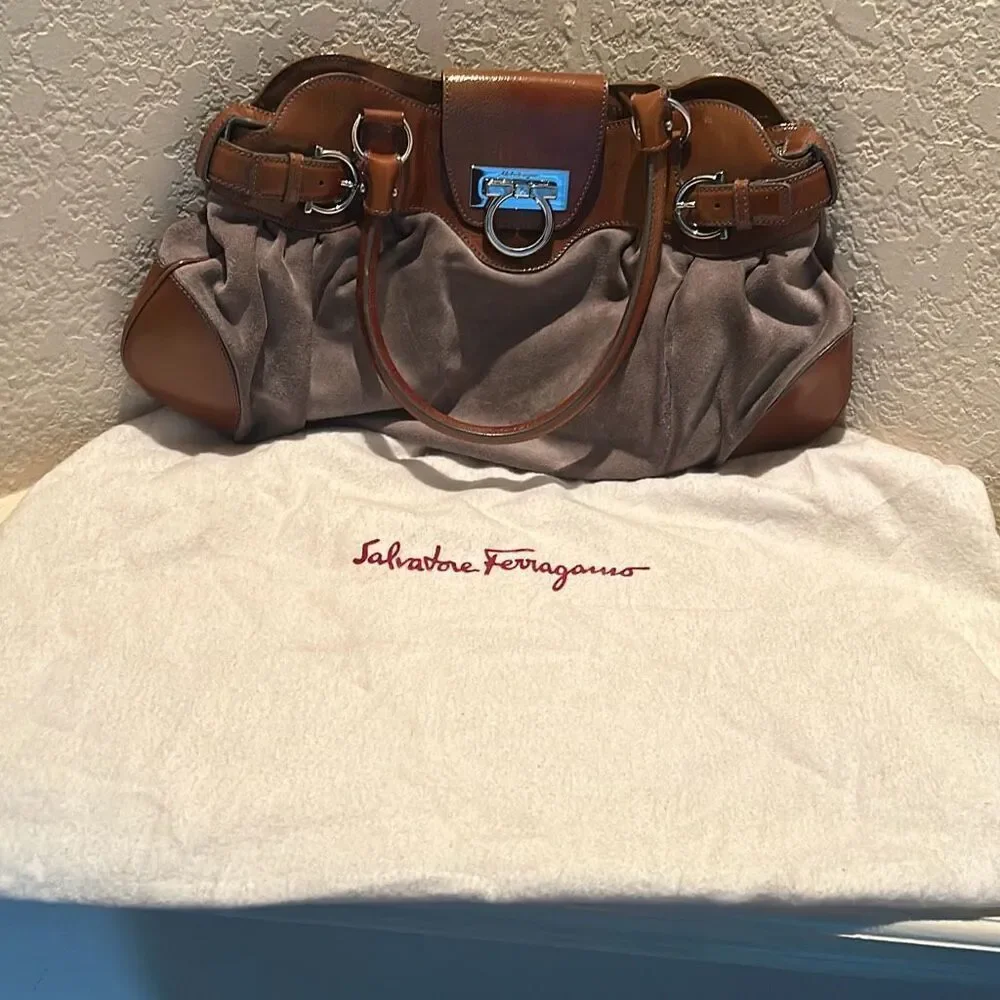 Vintage Salvatore Ferragamo Womens Marisa Colorblock Brown Leather Shoulder Bag - Picture 2 of 14